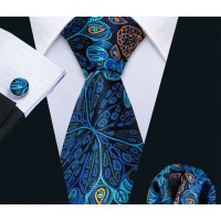 3delige set stropdas pochet manchetknopen tinten blauw en oranje Fantasy